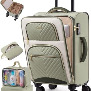 LOVEVOOK Carry on Luggage 22x14x9 Airline Approved, Waterproof Carry on Suitcase with 3 Pouches,Lightweight Softside Underseat Travel Luggage with 360° Spinner Wheels,TSA Lock for Travel Business