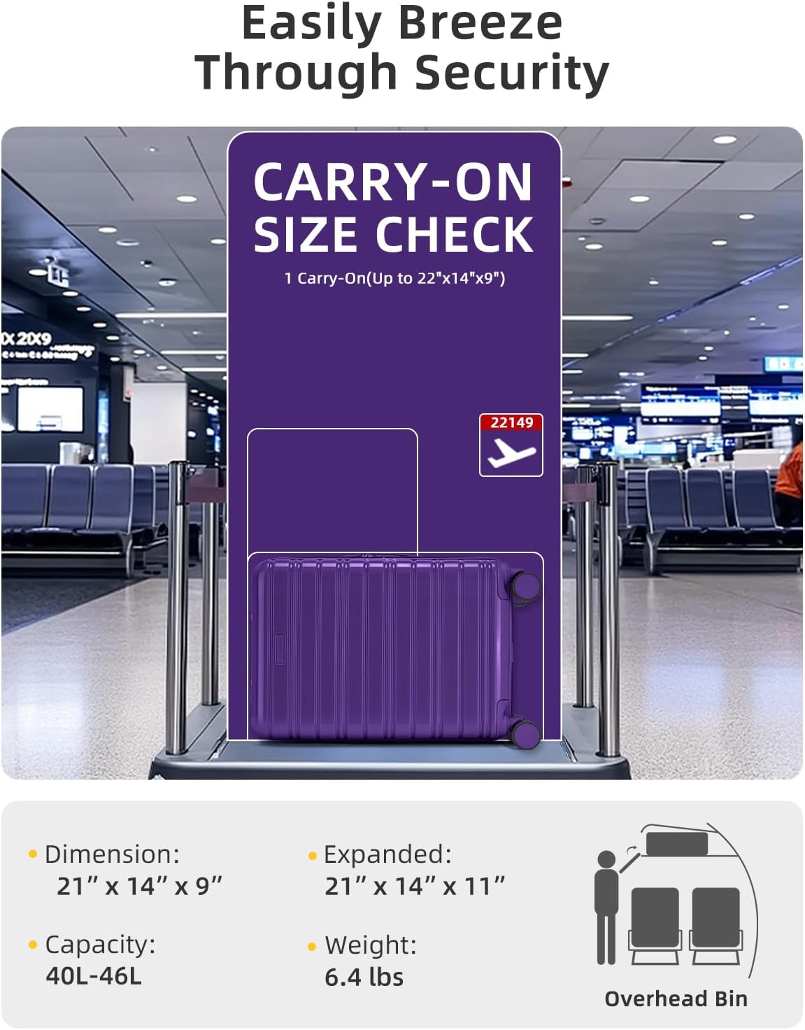 LARVENDER Carry On Luggage 22x14x9 Airline Approved, 20 Inch Expandable PC+ABS Hardside Suitcase Carry On Luggage with Spinner Wheels TSA Lock for Women Men (Purple) - Image 3