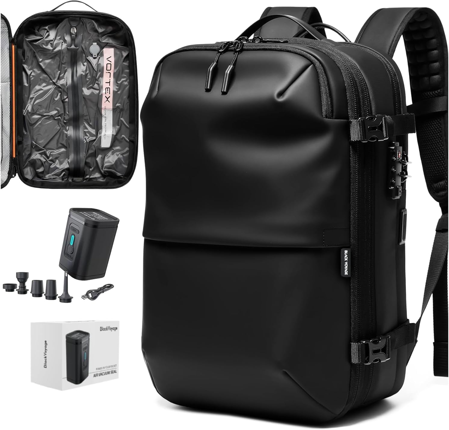 BlackVoyage Vortex Vacuum Seal Travel Backpack 60L Expandable Air Compression System Water Resistant TSA Lock Carry-On