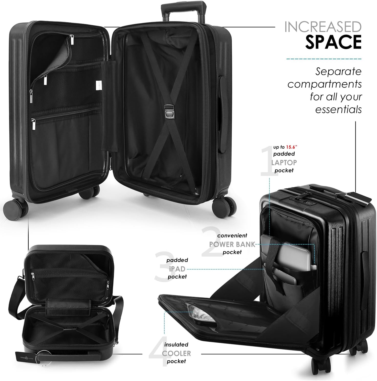 TRAVELARIM 20 Inch Carry On Luggage 22x14x9 Airline Approved, Carry On Suitcase with Wheels, Hard-shell Carry-on Luggage, Durable Luggage Carry-On, Jet Black Small Suitcase with Cosmetic Case - Image 5