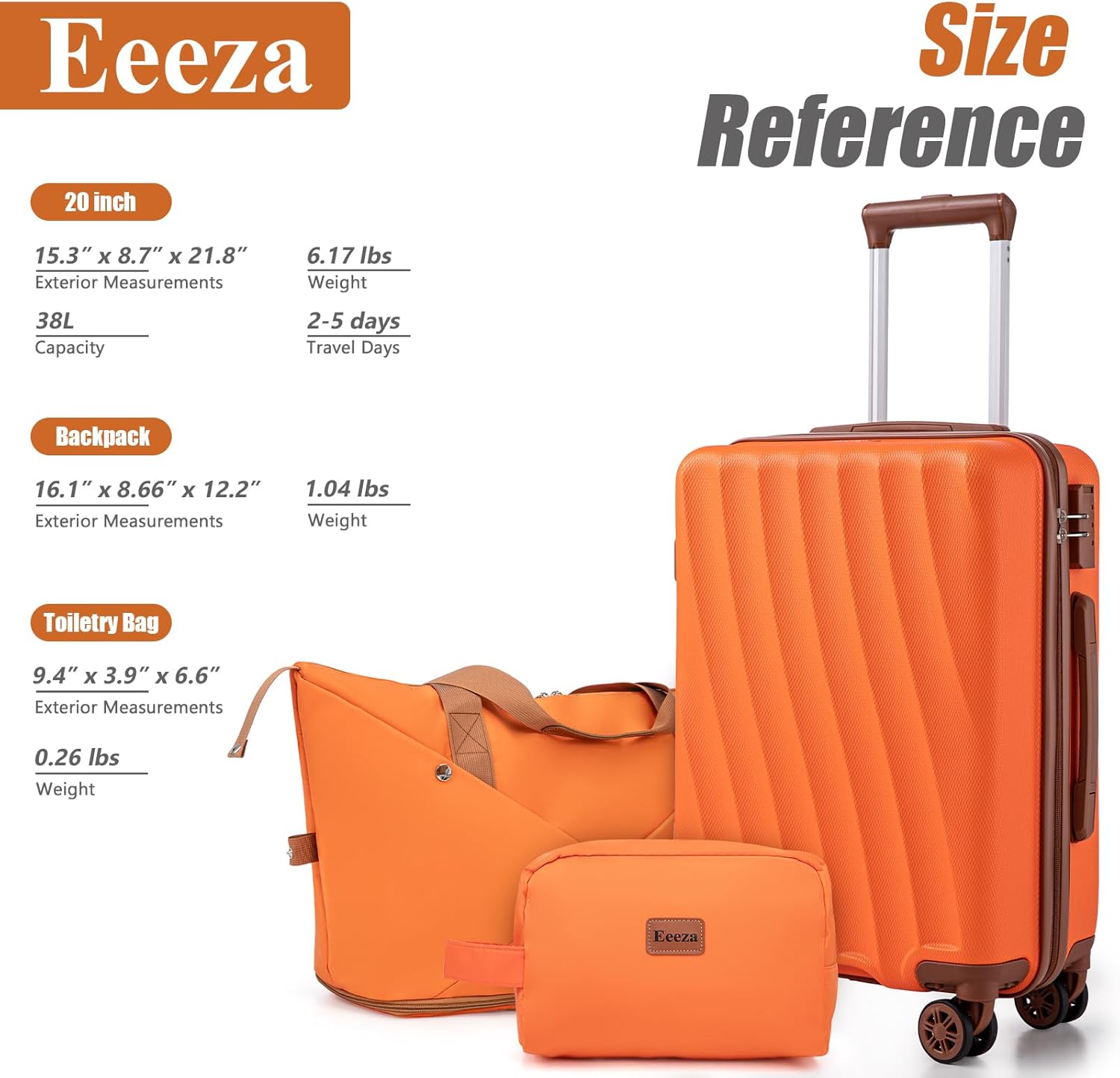 Carry on Luggage Sets 22x14x9 Airline Approved Durable Travel Luggage Suitcases with Wheels,ABS Hard Case Suitcases with Spinner Wheels,(Orange,3 Piece Sets(20"/DB/TB)) - Image 9