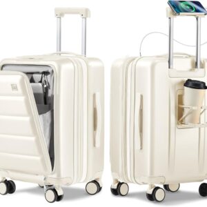 20IN Carry On Luggage Airline Approved - Expandable Hardside Suitcase with 16" Laptop Compartment, Cup Holder, Phone Mount, USB Port,TSA Lock, 360°Spinner Wheels (Milky White)