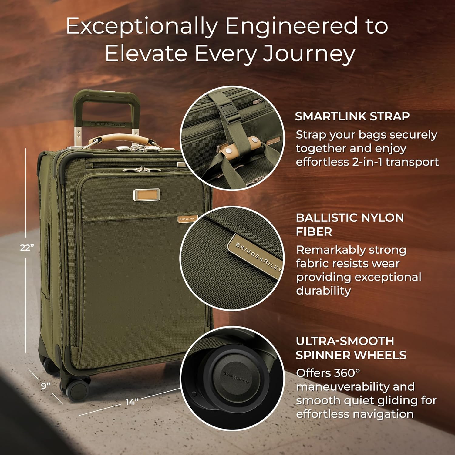 Briggs & Riley Essential 22" Carry On Expandable Spinner - Luggage for Travel, Suitcases with Wheels, Softside Rolling Bag for Men & Women, Self-Repairing Zipper - Baseline Collection, Olive - Image 2