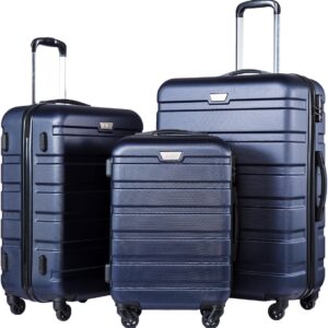 Coolife Luggage 3 Piece Set, Lightweight Durable Hardshell Suitcase set with 360° Spinner Wheels, TSA-approved Lock, Checked Family Travel Luggage sets, 20/24/28 Inch, Navy